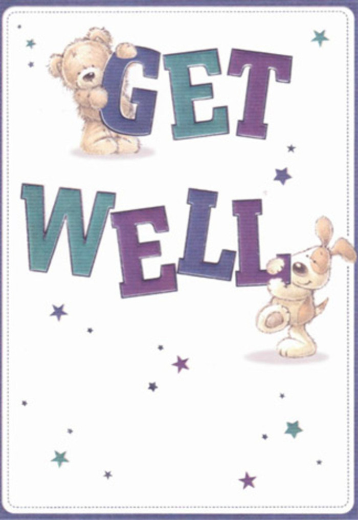 This get well card is a celebration of hopeful encouragement, thoughtfully depicted through the animated companionship of a soft-furred bear and a lovable puppy-both ready to spread kindness across Perivale. Amid gentle brushstrokes, starbursts in hues of blue, purple, and teal seem to dance around the pair, as if casting invisible good wishes through the white expanse of the card. The typography is bold, large, and inviting-each letter alive with lively indigo and aqua shading, lending buoyancy and strength. There's an almost tangible sense of touch to the bear's fluff and the puppy's velvet ears, evoking the same tactile pleasure as running fingers through a bouquet of fresh, fragrant blooms. The overall look and mood radiate lightness, the emotional energy reminiscent of a sunny day by the River Brent. Even without flowers, the scene is suffused with comfort and positivity, a tribute to the power of gentle gestures to heal and uplift. Imagining this card accompanying a handcrafted arrangement from local Perivale florists, the combined effect becomes a heartfelt declaration-a sincere wish for recovery and happiness that lives on in every brushstroke and every delivered bouquet, just as it does in the daily life of the Perivale community.