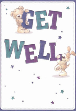 There's a palpable sense of comfort woven through this get well card-a scene alive with hope that feels right at home in Perivale. The main characters, a soft-stitched teddy and an exuberant puppy, interact warmly with the bold text: the bear perches atop the deep purple 'GET,' steadying the letters with a gentle paw, while the puppy snuggles beneath 'WELL,' floppy ears cascading in playful arcs over its side. Their rounded shapes and tender faces glow with affection, infusing the illustration with optimism and genuine warmth much like the hospitality often found near Perivale tube station. Stars in shades of teal and violet scatter across the clean white background, providing a touch of magic and possibility reminiscent of clear evenings in Perivale's open green spaces. The careful use of colour draws the eye across the message-each brushstroke designed to offer a lift in spirits. As someone who arranges bouquets intended to brighten and heal, I see in these characters the same meticulous care Flowers Perivale brings to every bespoke arrangement for local delivery. This card's crisp, uncluttered composition makes it feel as refreshing as a gentle breeze, carrying with it not just a wish for wellness but the assurance that compassion is never far away. It's a perfect companion to send alongside vibrant flowers, echoing the light and renewal that defines the heart of Perivale.